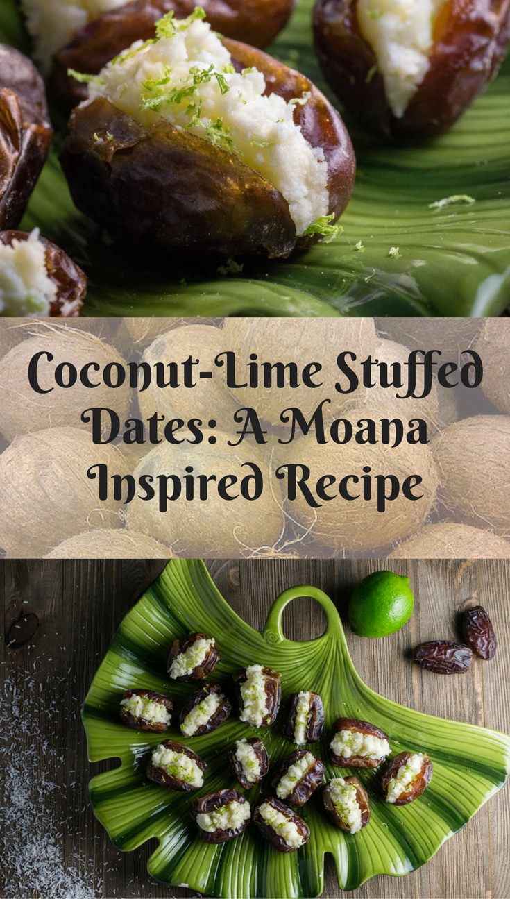 Disney Inspired Recipes | Moana | These Coconut Lime Stuffed Dates are inspired by the importance of coconut in Disney's Moana 2geekswhoeat.com