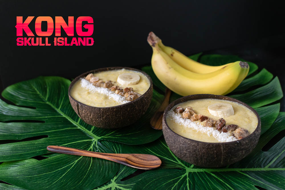 Vegan Recipes | Smoothie Bowl | To commemorate the release of Kong: Skull Island, The Geeks have created Kong's Banana Smoothie Bowl. A breakfast fit for even the King of Apes. 2geekswhoeat.com