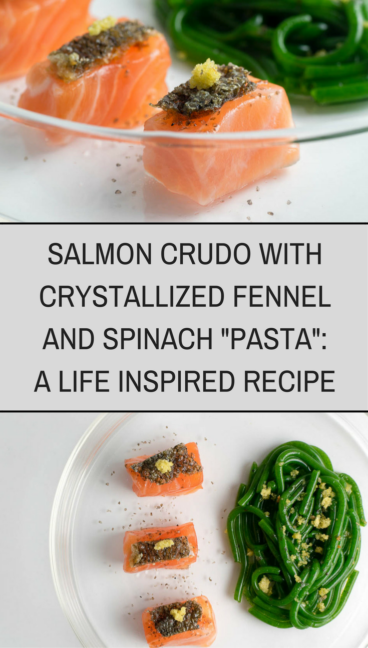 Molecular Gastronomy | Seafood Recipes | The Geeks utilize molecular gastronomy skills to create a recipe for Salmon Crudo with Crystalized Fennel and Spinach "Pasta" inspired by the movie Life. 2geekswhoeat.com