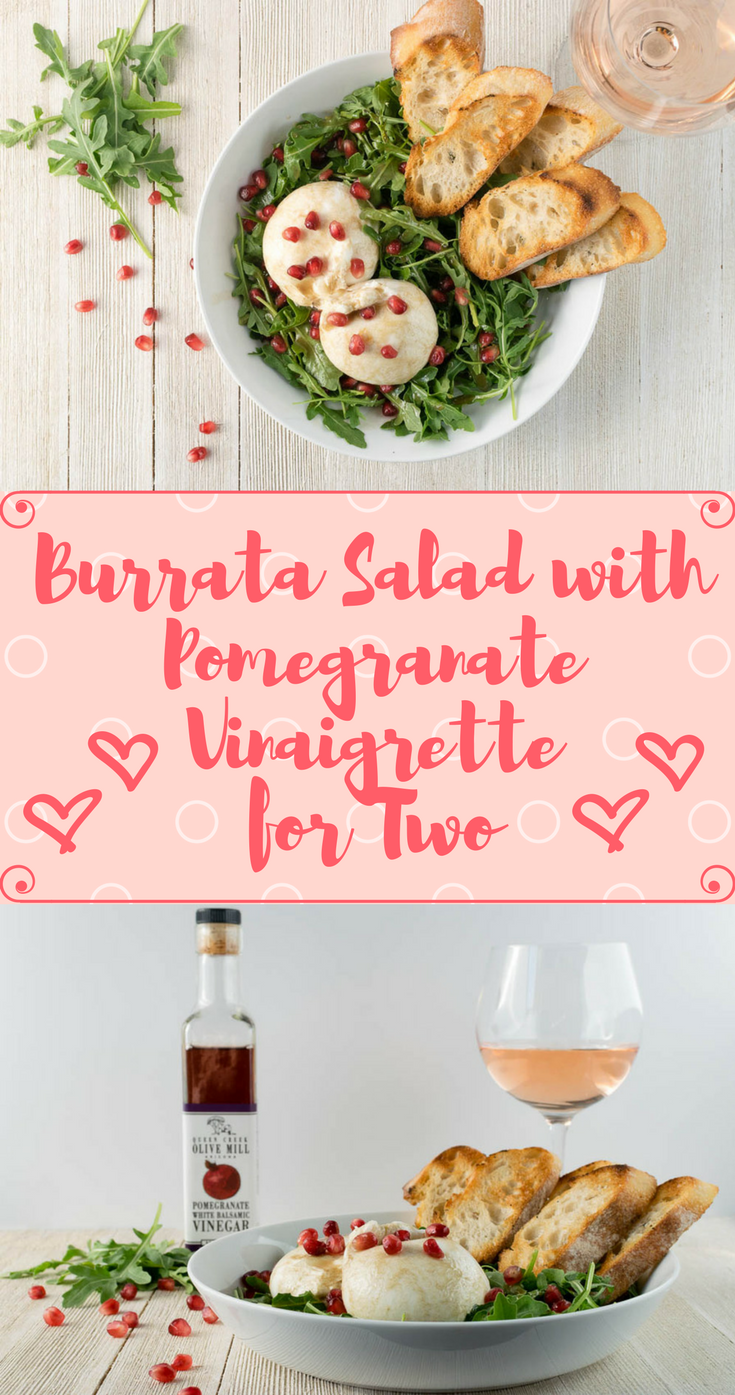 Want a great date night appetizer? The Geeks have created a Burrata Salad with a Pomegranate Vinaigrette featuring Queen Creek Olive Mill Pomegranate White Balsamic Vinegar! [sponsored] 2geekswhoeat.com #DateNight #Cheese #AppetizerRecipes #Mealsfor2