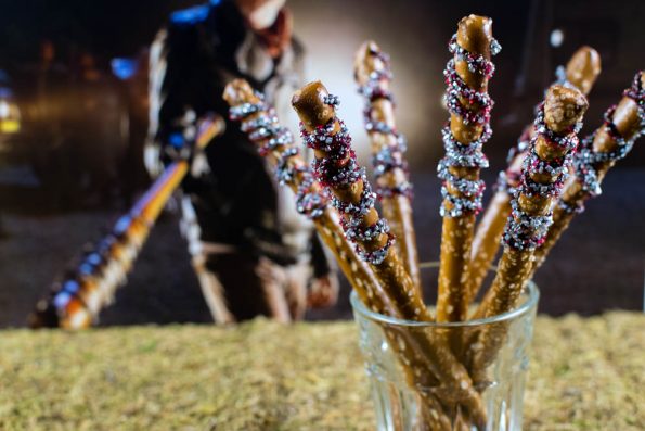 Inspired by Negan's terrifying bat Lucille, The Geeks celebrate Season 7's home release with Lucille Pretzel Bats! 2geekswhoeat.com #WalkingDeadRecipes #HalloweenRecipes #Snack Recipes #HorrorRecipes #HorrorFood