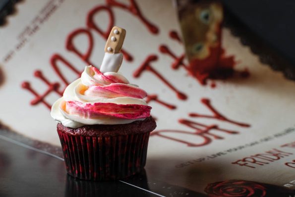 Horror Movie Recipes | Halloween Recipes| Cupcakes | Celebrate Happy Death Day with these Death Day Cupcakes perfect for the most macabre of celebrations! [giveaway] 2geekswhoeat.com