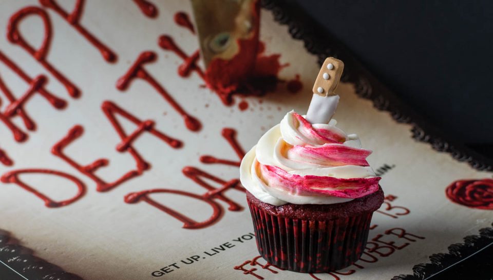 Horror Movie Recipes | Halloween Recipes| Cupcakes | Celebrate Happy Death Day with these Death Day Cupcakes perfect for the most macabre of celebrations! [giveaway] 2geekswhoeat.com