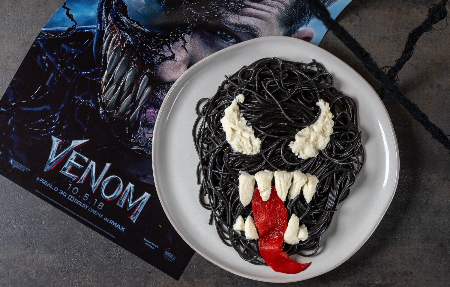 Marvel Recipes | Pasta | Venom Recipes | Geeky Recipes | Vegetarian | To celebrate the release of Venom, The Geeks have created a recipe for Symbiote Spaghetti inspired by the movie and comics. 2geekswhoeat.com