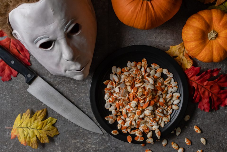 Halloween | Halloween Recipes | Pumpkin Seeds | The Geeks have created a new recipe, Blood Spattered Pumpkin Seeds, just in time for the release of Halloween. They are a perfectly spooky movie night snack! 2geekswhoeat.com