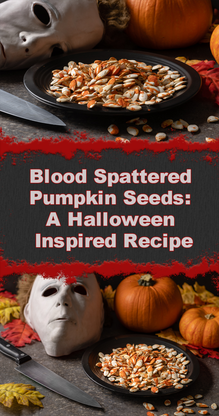Halloween | Halloween Recipes | Pumpkin Seeds | The Geeks have created a new recipe, Blood Spattered Pumpkin Seeds, just in time for the release of Halloween. They are a perfectly spooky movie night snack! 2geekswhoeat.com