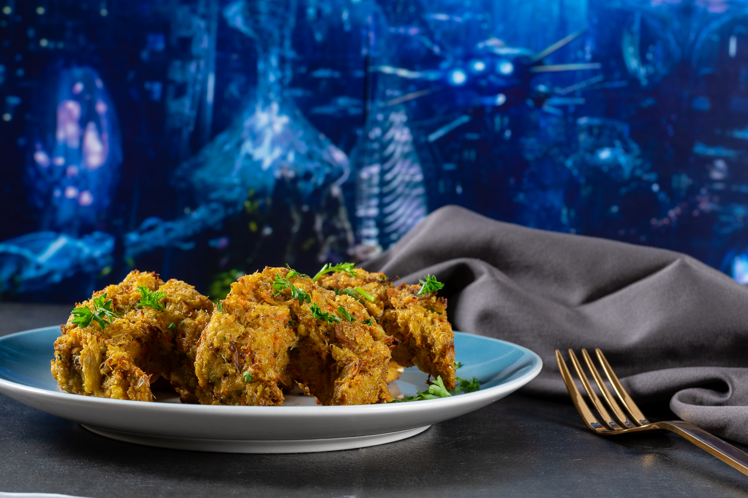 Inspired by DC's latest film Aquaman, The Geeks have created delicious Atlantean Crab Cakes. These tasty treats are perfect for a movie night! 2geekswhoeat.com #ComicBookRecipes #CrabCakes #AppetizerRecipes #Seafood #SummerRecipes #DCComics