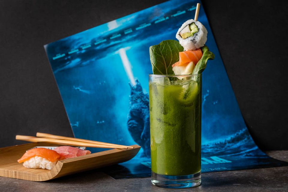 In anticipation for one of this summer's biggest releases, The Geeks have created a new cocktail called The Bloody Kaiju inspired by Godzilla: King of Monsters. 2geekswhoeat #GodzillaRecipe #GreenBloodyMaryRecipe #CocktailRecipes #Godzilla #BrunchIdeas #BrunchRecipes #sushi #bloodymarys