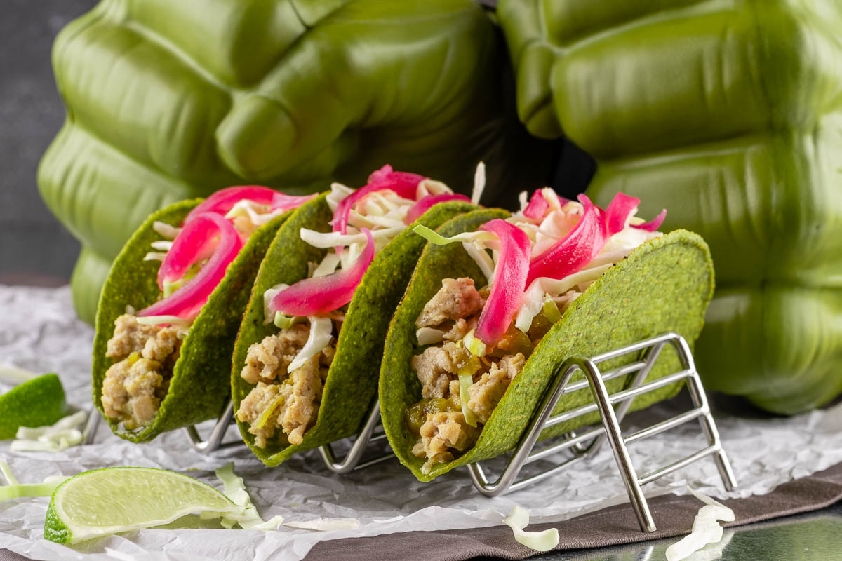 [Sponsored] To celebrate the home release of Avengers: Endgame The Geeks have created a new recipe for Hulk Tacos, complete with green taco shells! 2geekswhoeat.com #TacoRecipes #AvengersRecipes #ComicInspiredRecipes #Marvel #Hulk #Tacos #Avengers 