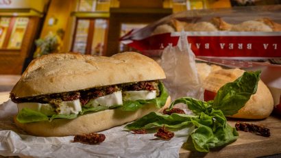 Inspired by one of their favorite sandwiches in Disneyland's Downtown Disney District, The Geeks have recreated La Brea Bakery Express' Fresh Mozzarella Sandwich! 2geekswhoeat.com #DisneyFood #CopycatRecipes #SandwichRecipes #DowntownDisney #Disneyland #GeekyFood #GeekyRecipes #GeekRecipes