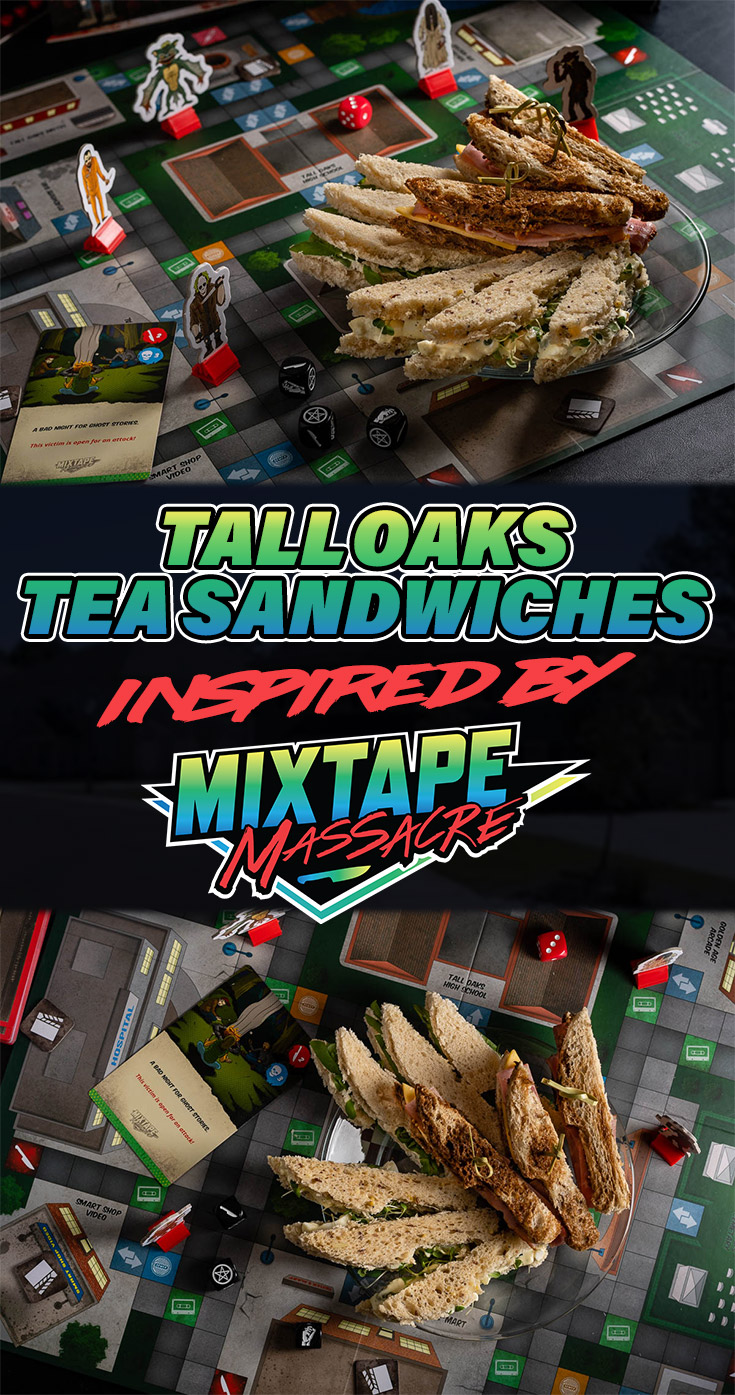 Looking for a macabre snack perfect for a Mixtape Massacre game night? The Geeks have created a recipe for Tall Oak Tea Sandwiches that are perfect for a night of gaming! 2geekswhoeat.com #HorrorRecipes #GameNight #HorrorAppetizers #AppetizerRecipes #MixtapeMassacre #GameInspiredRecipes #GameRecipes #TeaSandwiches