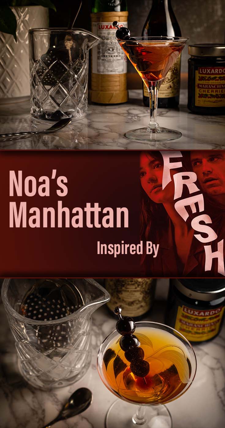 Inspired by the movie Fresh, now on Hulu, The Geeks have created a recipe for Noa's Manhattan, a cocktail featured in the film. 2geekswhoeat.com #HorrorMovieRecipes #Cocktails #CocktailRecipes #HomeBar #ManhattanCocktails