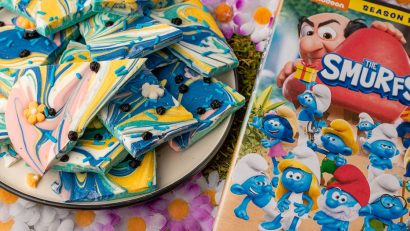 Inspired by the newest iteration of The Smurfs, The Geeks have created Blossom's Blueberry Bark inspired by one of the new characters. [Sponsored] 2geekswhoeat.com #FamilyFun #FamilyRecipes #TheSmurfs #MovieNightIdeas