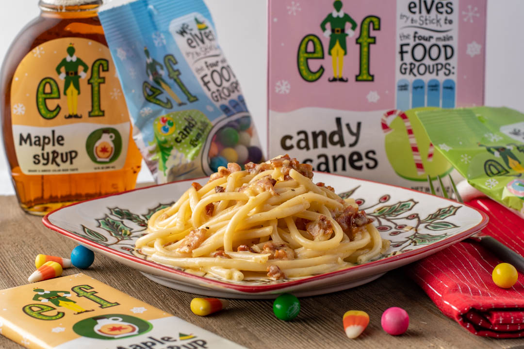 The Geeks have created a grown-up version of Buddy the Elf's famous breakfast pasta from the movie Elf. It even has maple syrup!  2geekswhoeat.com #ChristmasMovies #ChristmasRecipes #Elf #PastaRecipes #MovieNight